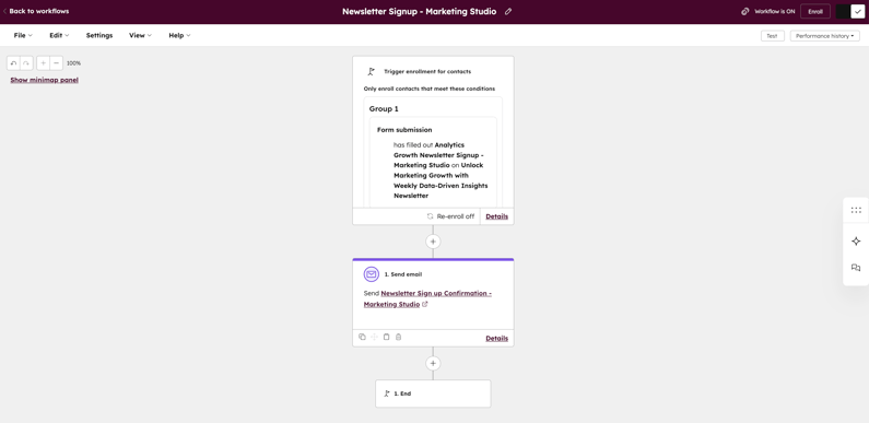 Workflow di automazione in HubSpot per la conferma di iscrizione a una newsletter, esempio di processo automatizzato in un CRM per PMI.