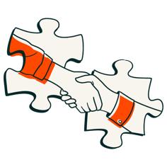 Illustrazione di due mani che si stringono tra pezzi di puzzle, simbolo della collaborazione facilitata da HubSpot: il CRM per PMI.