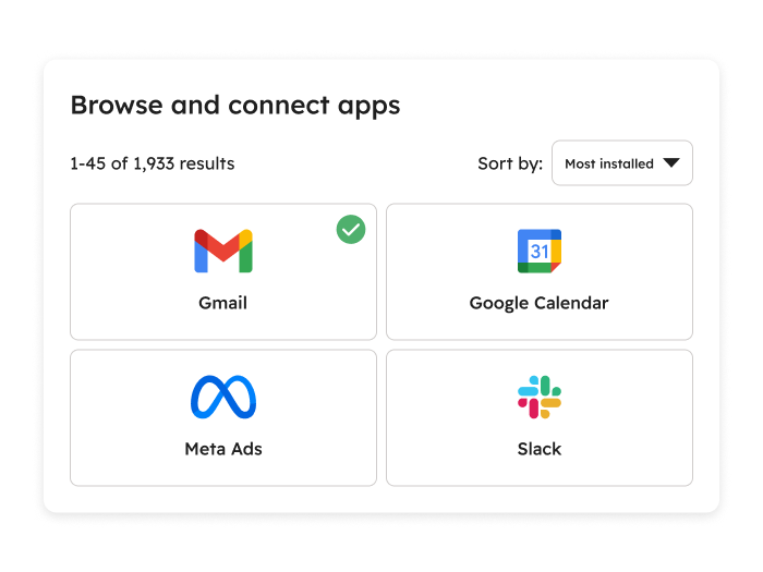 Elenco delle integrazioni HubSpot con app come Gmail, Google Calendar, Meta Ads e Slack, funzionalità essenziale di un CRM per PMI.