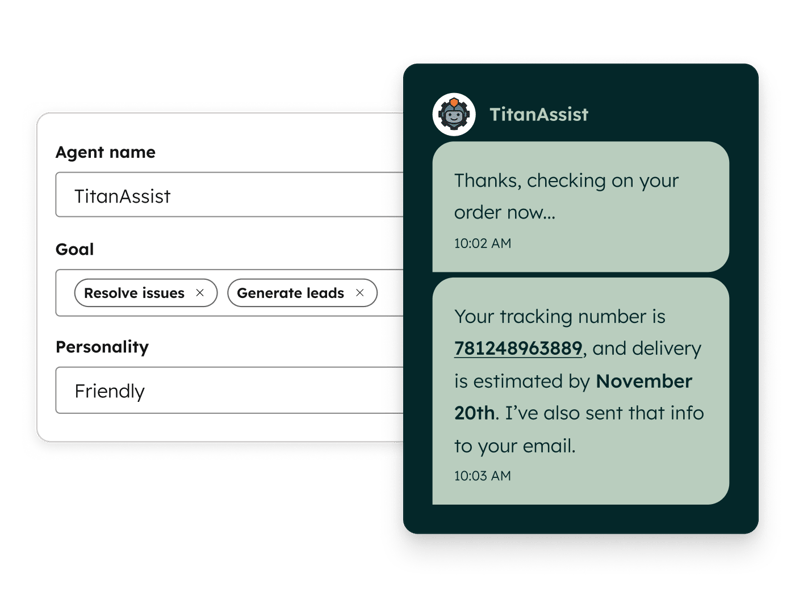 Chat automatizzata in HubSpot con risposte dell’assistente TitanAssist e impostazioni dell’agente, esempio di supporto clienti integrato in un CRM per PMI.