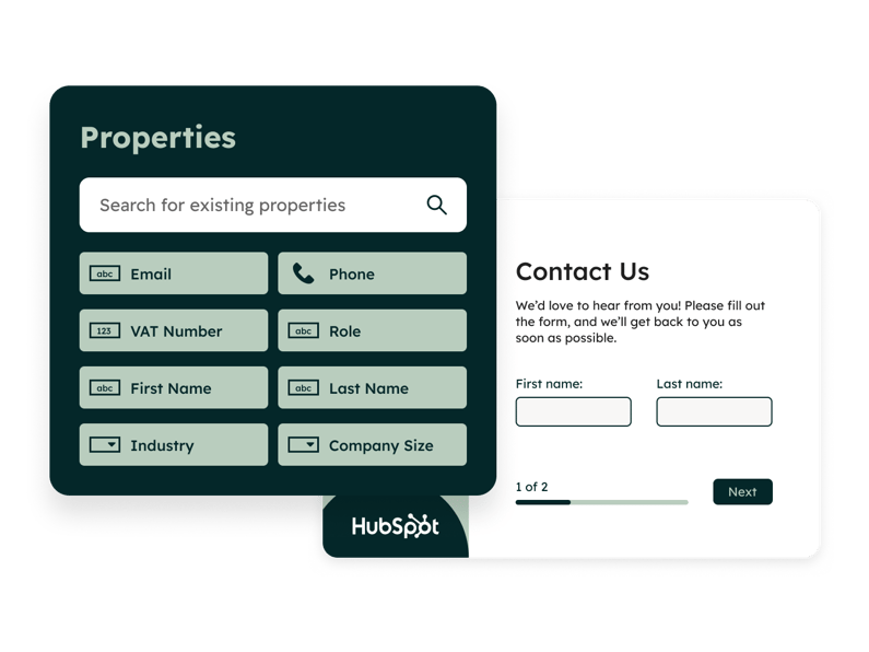 Campi proprietà e modulo di contatto mostrati in HubSpot, esempio di raccolta e gestione dei dati clienti tramite un CRM per PMI.