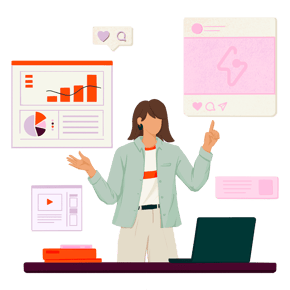 Illustrazione di una professionista che analizza dati, grafici e contenuti digitali, rappresentando la gestione marketing con HubSpot: un CRM per PMI.