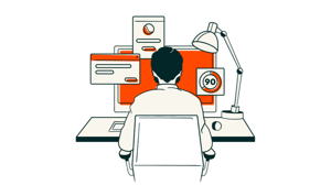 Uomo stiizzato alla scrivania che utilizza un CRM all in one