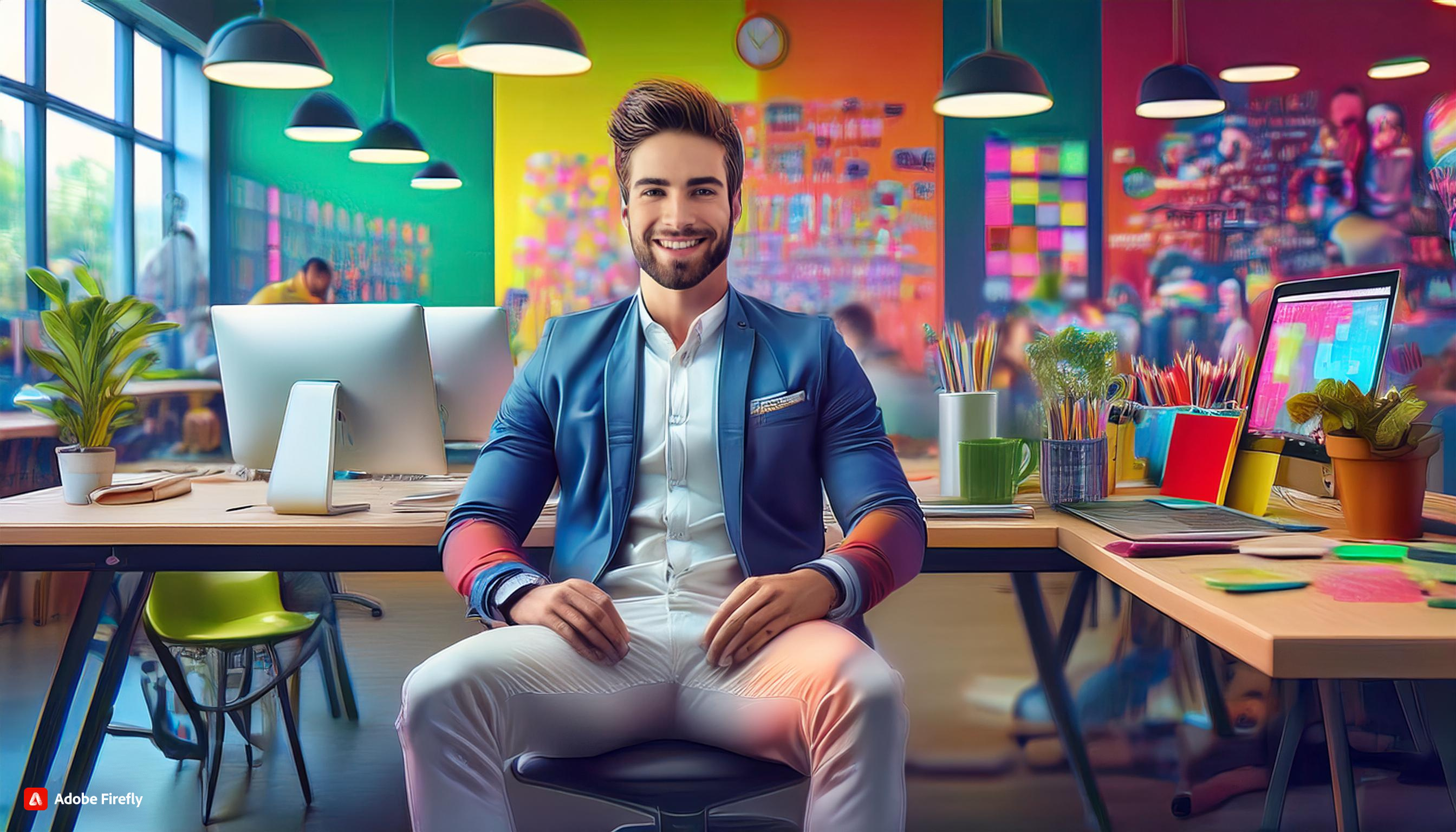 Firefly A depiction of a relaxed sales representative in a vibrant, modern and colorful co-working s