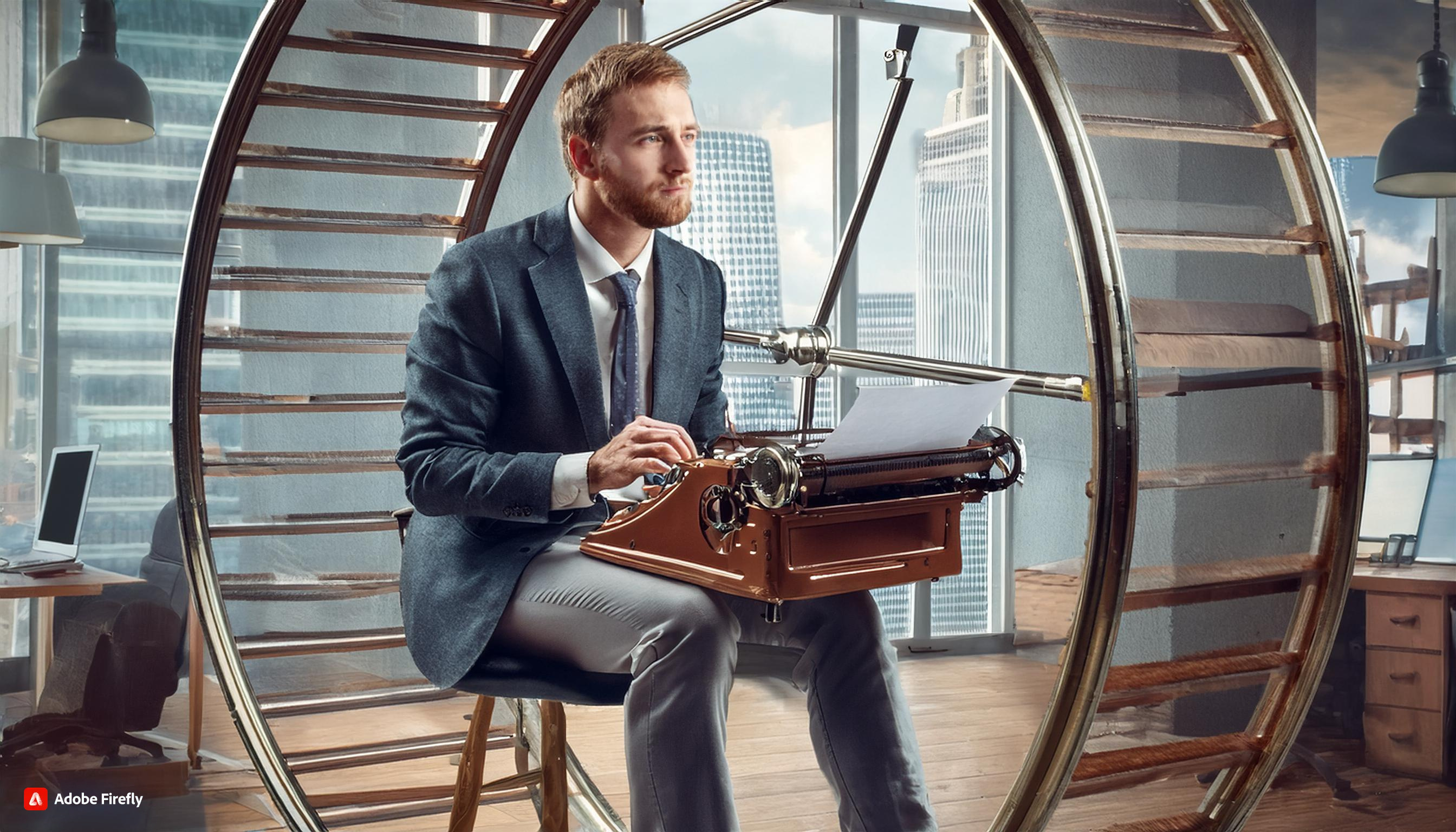 Firefly Crea un uomo pensieroso che scrive alla macchina da scrivere in un ufficio dentro la ruota d
