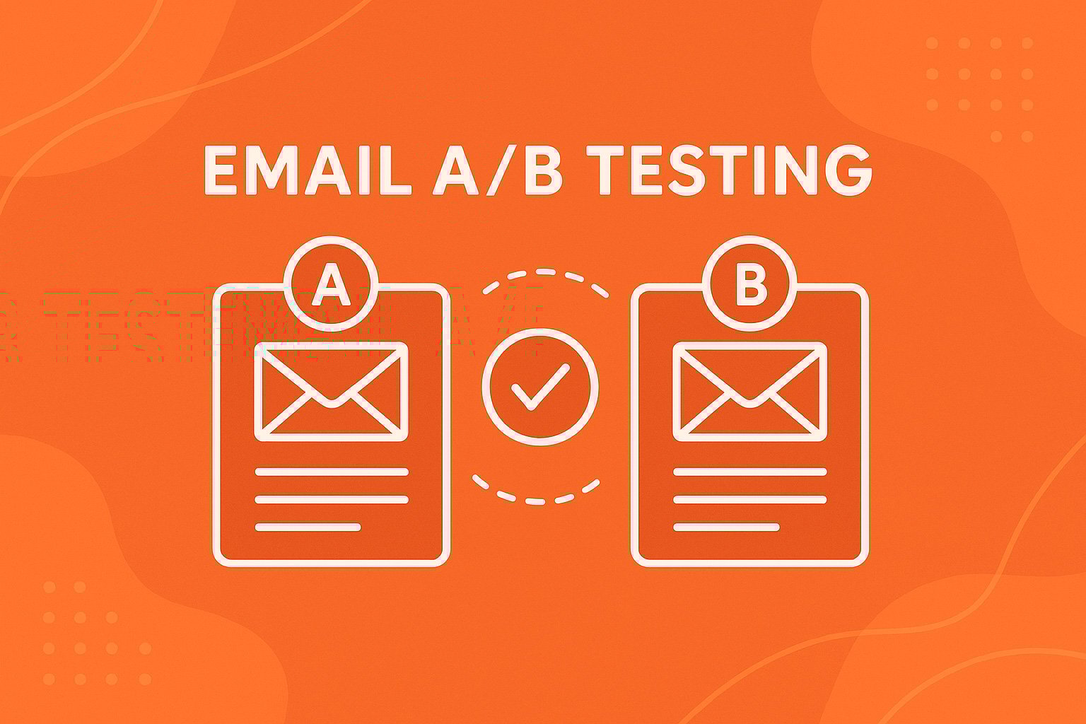 Illustrazione arancione in stile HubSpot che rappresenta un test A/B su email marketing con due email a confronto e simbolo di spunta centrale.