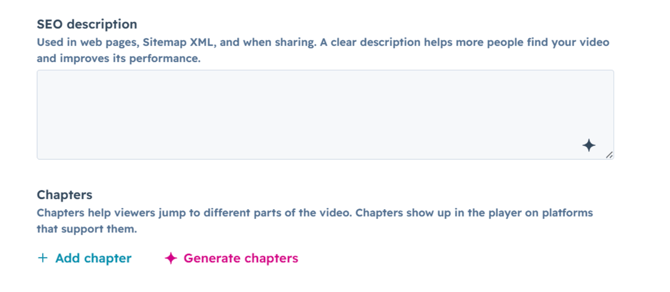 Schermata editor video con campi SEO Description e Chapters opzioni Aggiungi capitolo e Genera capitoli