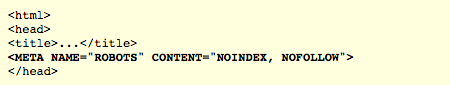 Esempio di codice HTML con meta tag robots impostato su noindex e nofollow, utilizzato per controllare l’indicizzazione dei siti.