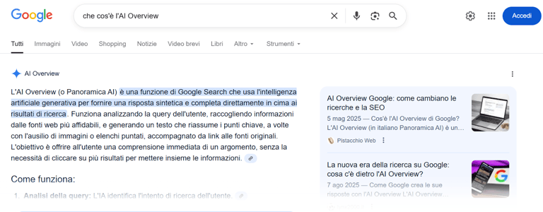 ricerca di google che cosa è l'AI Overview