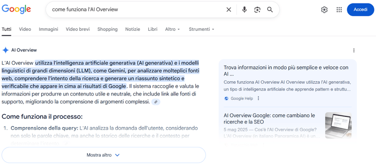 Ricerca di google come funziona l AI Overview