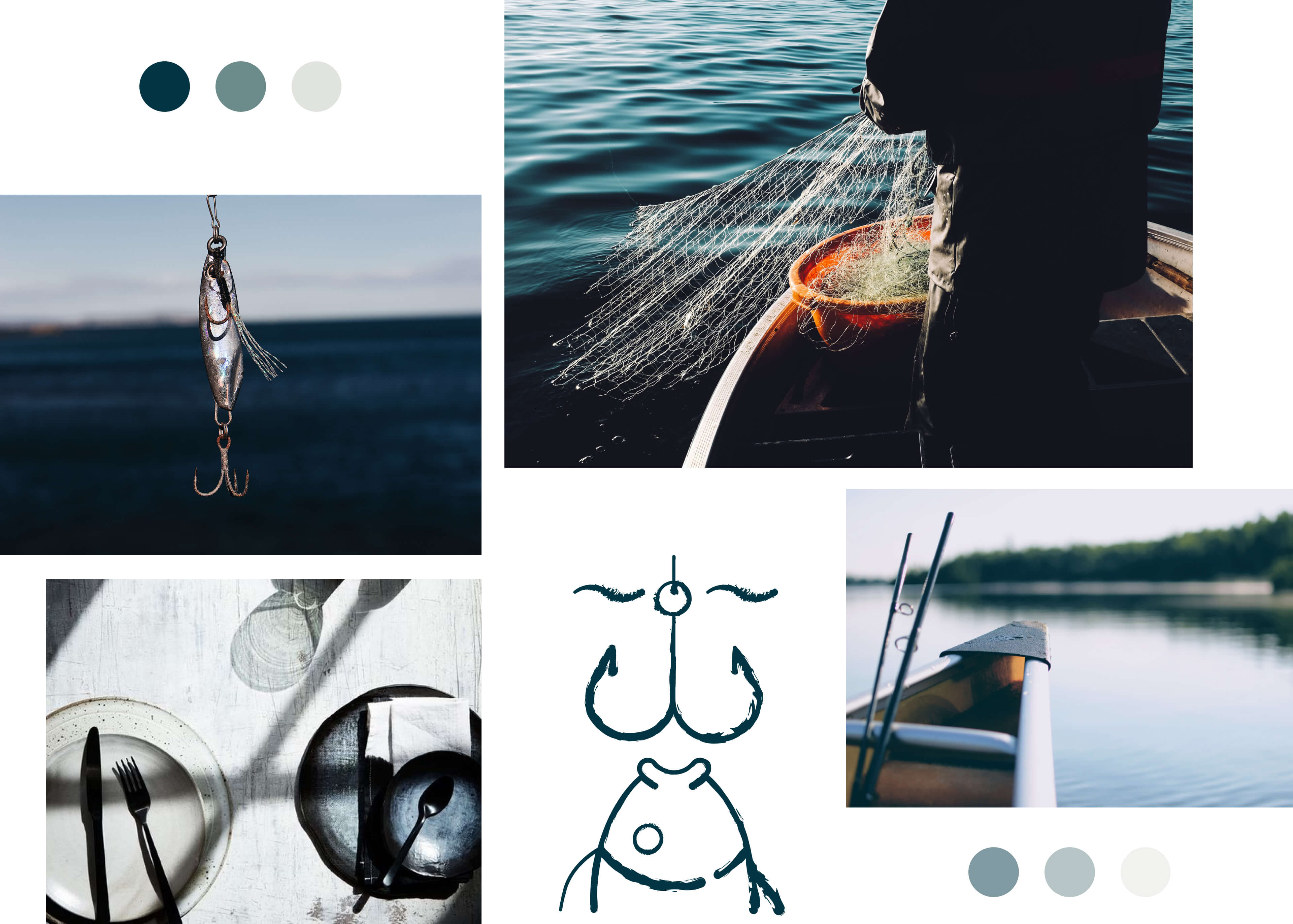 Moodboard con fotografie che ritraggono l'ambiente della pesca e i colori del lago 