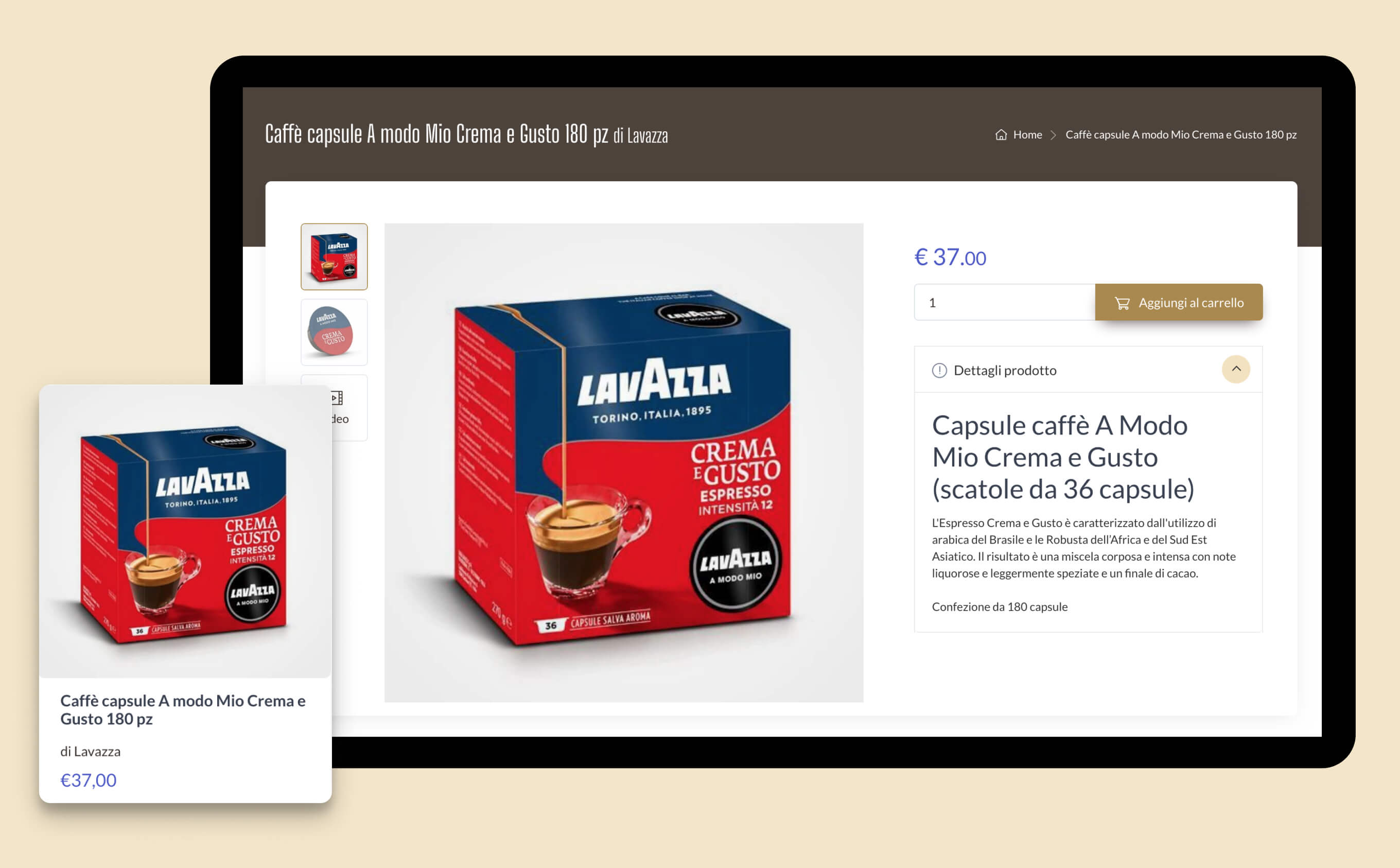 Il prodotto viene mostrato su MokaShop con una pagina di dettaglio e come elemento singolo.