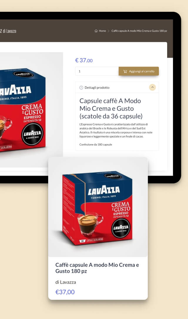 Il prodotto viene mostrato su MokaShop con una pagina di dettaglio e come elemento singolo.